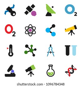 solid vector ixon set - thermometer vector, drawing compass, atom, telescope, microscope, flask, molecule, oxygen, satellite, antenna, vial, dna