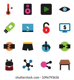 solid vector ixon set - thermometer vector, backpack, monitor dollar, shorts, route, notebook pc, social media, speaker, play button, eye, usb modem, connection, unlock, disconnection, table