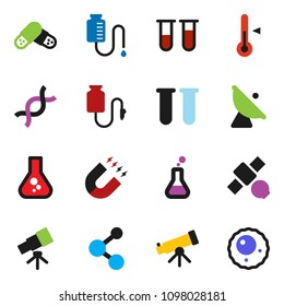 solid vector ixon set - thermometer vector, telescope, magnet, flask, molecule, satellite, antenna, vial, dna, pills, drop counter, ovule