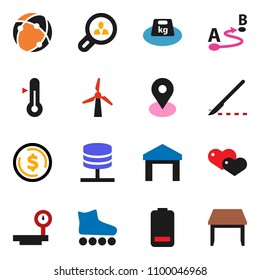 solid vector ixon set - thermometer vector, dollar coin, roller Skates, map pin, warehouse, weight, big scales, route, heart, battery, scalpel, connection, network server, windmill, client search