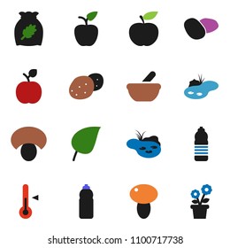solid vector ixon set - thermometer vector, cereal, mushroom, potato, apple fruit, leaf, diet, water bottle, mortar, pond, flower in pot