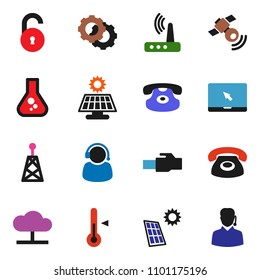 solid vector ixon set - thermometer vector, flask, antenna, satellitie, notebook pc, classic phone, cloud network, gear, router, lan connector, unlock, solar panel, support