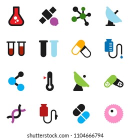 solid vector ixon set - thermometer vector, flask, pills, molecule, satellite, antenna, vial, dna, drop counter, ovule