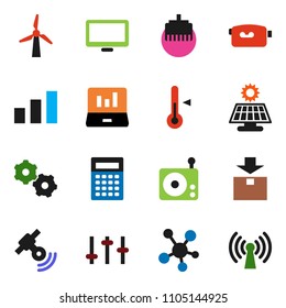 solid vector ixon set - thermometer vector, calculator, laptop graph, package, sorting, radio, satellitie, settings, video camera, monitor, social media, gear, lan connector, solar panel, windmill
