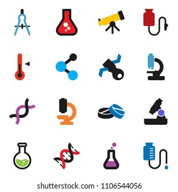 solid vector ixon set - thermometer vector, drawing compass, telescope, microscope, flask, molecule, satellite, dna, pills, drop counter