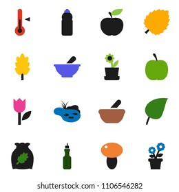 solid vector ixon set - thermometer vector, cereal, mushroom, oil, leaf, diet, water bottle, tulip, mortar, pond, flower in pot