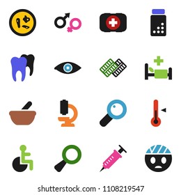 solid vector ixon set - thermometer vector, pills vial, first aid kit, disabled, eye, gender sign, magnifier, syringe, blister, mortar, microscope, microbs, hospital bed, tooth, head bandage