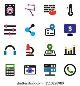 solid vector ixon set - thermometer vector, microscope, calculator, monitor dollar, molecule, navigator, equalizer, headphones, network, server, browser, firewall, washer, phone