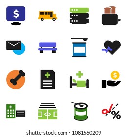 solid vector ixon set - toaster vector, school bus, investment, monitor dollar, stadium, sports nutrition, bone, heart pulse, anamnesis, hospital bed, building, big data, bench, mail, coupon