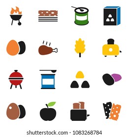 solid vector ixon set - toaster vector, bbq, cereal, egg, potato, chicken leg, diet, sports nutrition, breads