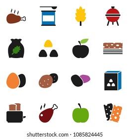 solid vector ixon set - toaster vector, bbq, cereal, egg, potato, chicken leg, diet, sports nutrition, breads