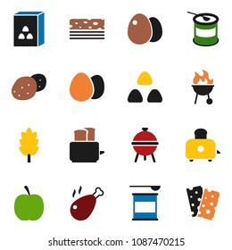 solid vector ixon set - toaster vector, bbq, cereal, egg, potato, chicken leg, diet, sports nutrition, breads