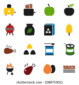 solid vector ixon set - toaster vector, bbq, cereal, egg, chicken leg, diet, sports nutrition, breads