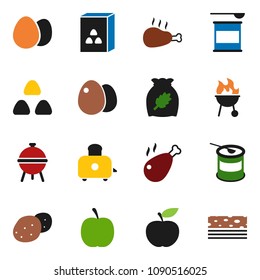 solid vector ixon set - toaster vector, bbq, cereal, egg, potato, chicken leg, diet, sports nutrition, breads