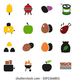 solid vector ixon set - toaster vector, bbq, cereal, egg, potato, chicken leg, diet, sports nutrition, breads
