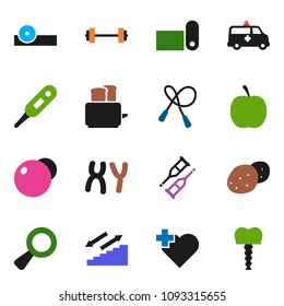 solid vector ixon set - toaster vector, potato, diet, barbell, jump rope, fitball, stairways run, fitness mat, heart cross, thermometer, magnifier, crutches, eye doctor hat, chromosomes