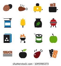 solid vector ixon set - toaster vector, bbq, cereal, potato, chicken leg, diet, sports nutrition, breads