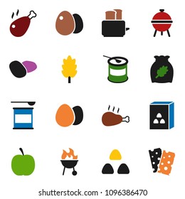 solid vector ixon set - toaster vector, bbq, cereal, egg, potato, chicken leg, diet, sports nutrition, breads
