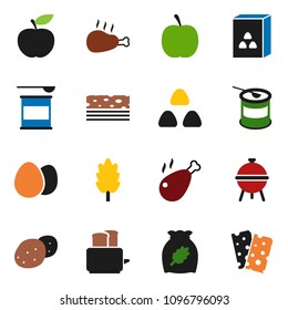 solid vector ixon set - toaster vector, bbq, cereal, egg, potato, chicken leg, diet, sports nutrition, breads