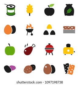 solid vector ixon set - toaster vector, bbq, cereal, egg, potato, chicken leg, diet, sports nutrition, breads