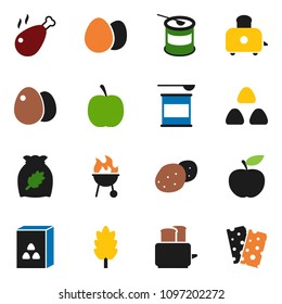 solid vector ixon set - toaster vector, bbq, cereal, egg, potato, chicken leg, diet, sports nutrition, breads