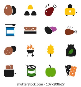 solid vector ixon set - toaster vector, bbq, cereal, egg, potato, chicken leg, diet, sports nutrition, breads