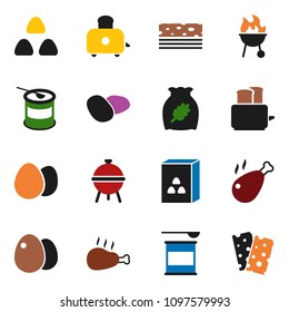 solid vector ixon set - toaster vector, bbq, cereal, egg, potato, chicken leg, sports nutrition, breads