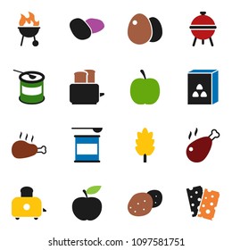 solid vector ixon set - toaster vector, bbq, cereal, egg, potato, chicken leg, diet, sports nutrition, breads