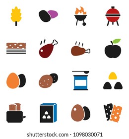 solid vector ixon set - toaster vector, bbq, cereal, egg, potato, chicken leg, diet, sports nutrition, breads