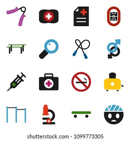 solid vector ixon set - toaster vector, microscope, jump rope, hand trainer, horizontal bar, skateboard, no smoking, first aid kit, stadium, gender sign, magnifier, syringe, anamnesis, head bandage