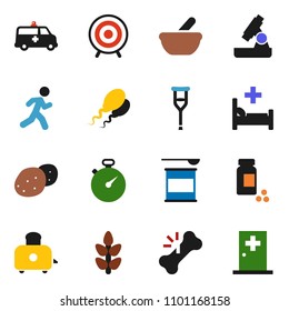 solid vector ixon set - toaster vector, potato, microscope, stopwatch, pills vial, target, sports nutrition, cereals, run, crutches, broken bone, mortar, hospital bed, amkbulance car, sperm