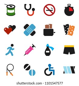 solid vector ixon set - toaster vector, stopwatch, jump rope, shorts, sports nutrition, breads, no smoking, run, heart, disabled, syringe, patch, stethoscope, pills, potion, bandage