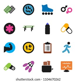 solid vector ixon set - toaster vector, clipboard, horizontal bar, muscule hand, roller Skates, pills, water bottle, shuttlecock, run, ambulance star, gender sign, blister, microbs