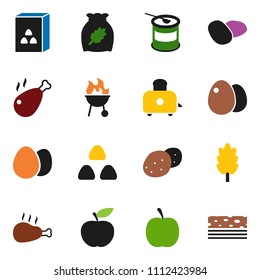 solid vector ixon set - toaster vector, bbq, cereal, egg, potato, chicken leg, diet, sports nutrition, breads