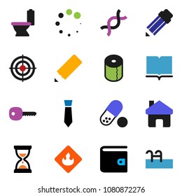 solid vector ixon set - toilet vector, paper, book, pencil, wallet, sand clock, tie, target, pills, flammable, dna, home, loading, key, pool
