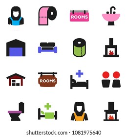 solid vector ixon set - toilet vector, paper, water closet, sink, cleaner woman, hospital bed, barn, rooms signboard, cushioned furniture, fireplace