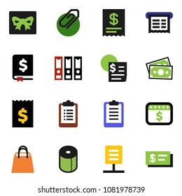 solid vector ixon set - toilet paper vector, annual report, receipt, binder, dollar calendar, clipboard, money, network document, attachment, gift, shopping bag, check