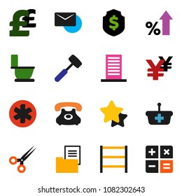 solid vector ixon set - toilet vector, meat hammer, percent growth, dollar shield, pound, yen sign, phone, shelving, ambulance star, scissors, mail, estate document, building, basket, calculator