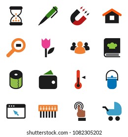 solid vector ixon set - toilet paper vector, camping cauldron, cookbook, thermometer, pen, magnet, tulip, cargo search, touchscreen, group, sand clock, browser, hub, wallet, home, baby stroller