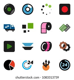 solid vector ixon set - toilet paper vector, plates, pie graph, disk, play button, rec, pills blister, gear, loading, route arrow, relocation truck, 24 hour