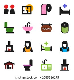 solid vector ixon set - toilet vector, paper, water closet, sink, cleaner woman, hospital bed, barn, plan, rooms signboard, fireplace