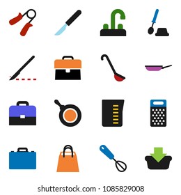 solid vector ixon set - toilet brush vector, water tap, pan, measuring cup, whisk, ladle, grater, case, hand trainer, scalpel, shopping bag, basket