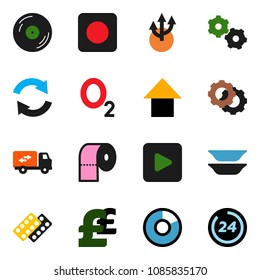 solid vector ixon set - toilet paper vector, plates, pie graph, arrow up, pound, oxygen, disk, play button, rec, pills blister, gear, refresh, route, relocation truck, 24 hour