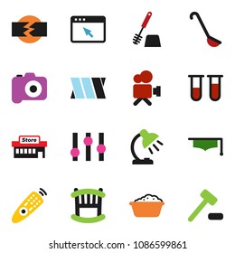 solid vector ixon set - toilet brush vector, foam basin, ladle, graduate hat, table lamp, camera, settings, video, remote control, vial, bandage, browser, disconnection, crib, mall, auction