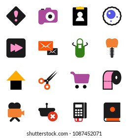 solid vector ixon set - toilet paper vector, apron, cart, arrow up, personal information, camera, video, forward button, scissors, ovule, tooth implant, mail, attention sign, card reader, basket