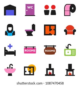 solid vector ixon set - toilet vector, paper, water closet, sink, cleaner woman, hospital bed, barn, plan, rooms signboard, cushioned furniture, fireplace