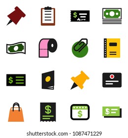 solid vector ixon set - toilet paper vector, copybook, pin, certificate, cash, check, receipt, dollar calendar, money, clipboard, attachment, shopping bag, catalog