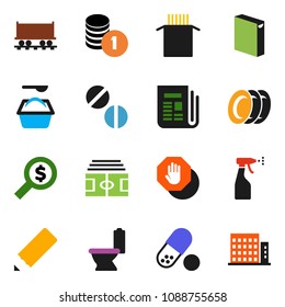solid vector ixon set - toilet vector, washing powder, sprayer, plates, pasta, pencil, coin stack, money search, stadium, pills, Railway carriage, newspaper, stop, apartments
