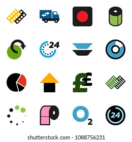 solid vector ixon set - toilet paper vector, plates, pie graph, arrow up, pound, oxygen, rec button, pills blister, redo, loading, relocation truck, 24 hour