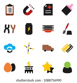 solid vector ixon set - toilet brush vector, plates, cutting board, egg, magnet, constellation, bank building, clipboard, enegry drink, car, pills blister, chromosomes, anamnesis, cloud exchange